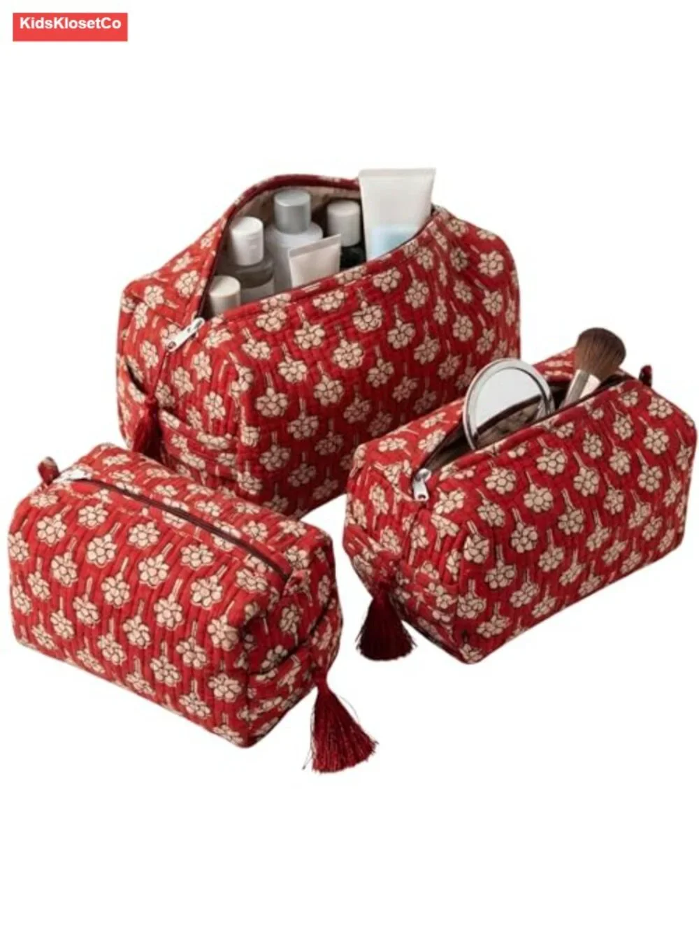 3-Piece Quilted Cotton Waterproof Toiletry Bag Set with Block Print Design for